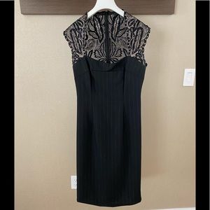 MANDALAY Black Pinstripe Wool Built In Bra Jeweled Lace Dress Size 10